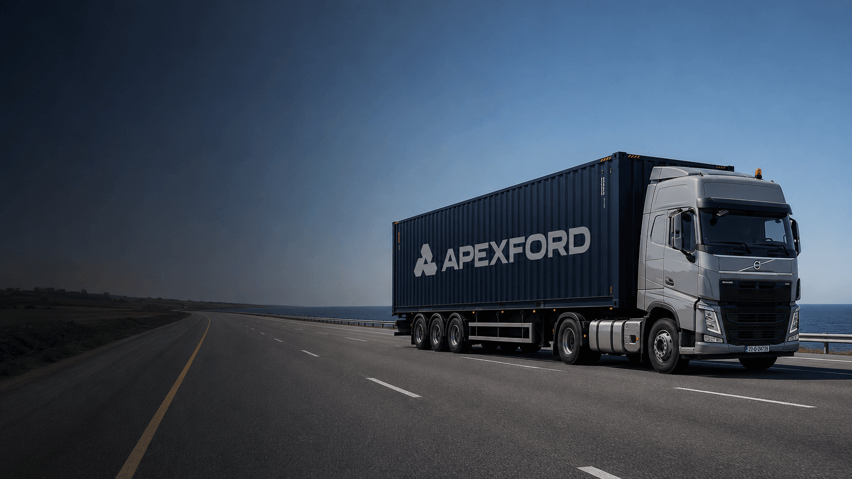 Apexford branded truck at a shipping port